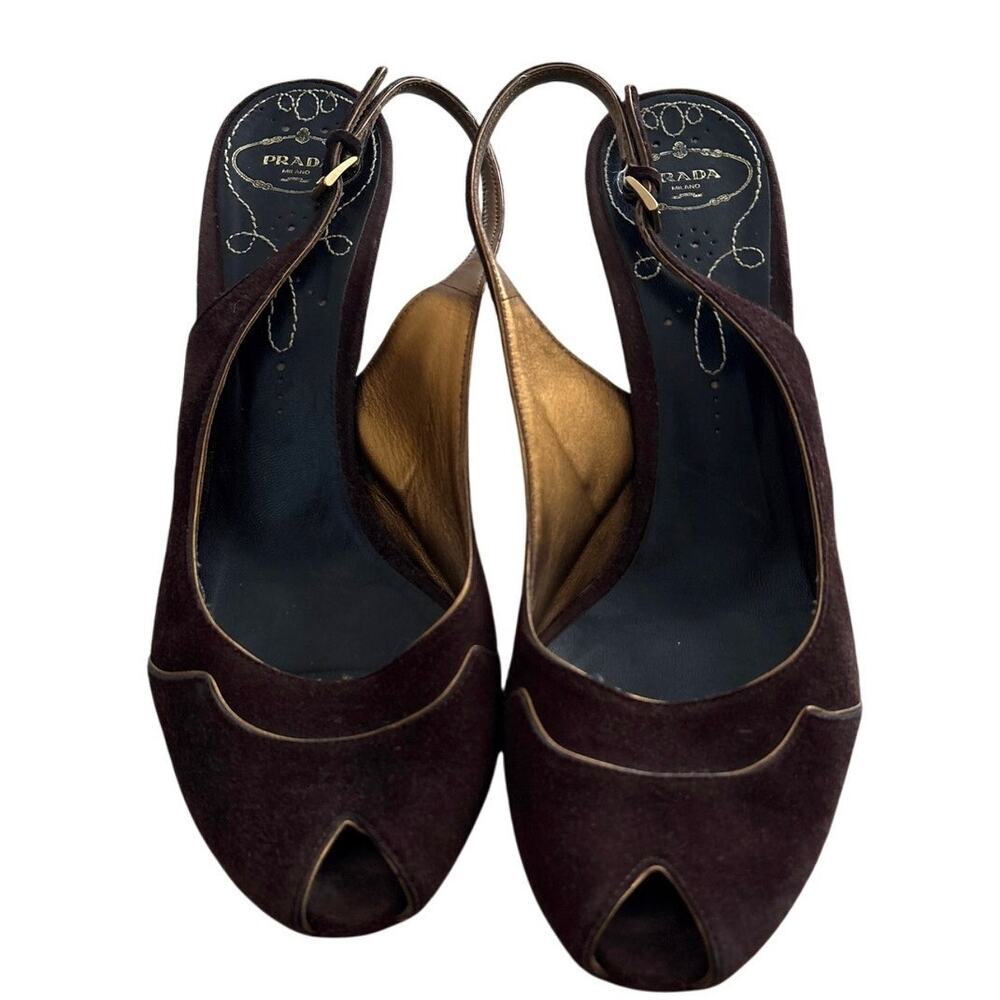 Vintage Prada Suede Slingback Peep Toe Heels 40.5 w/ COA